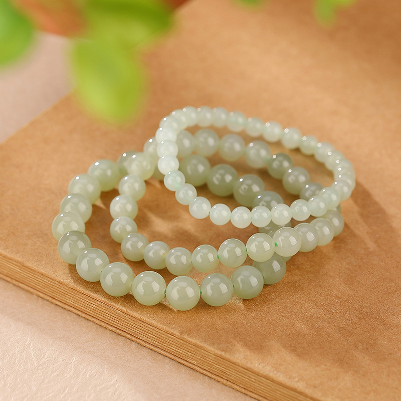 Vòng tay bạc S925 hạt ngọc bích Hetian tròn cổ điển — Màu sáng 8mm