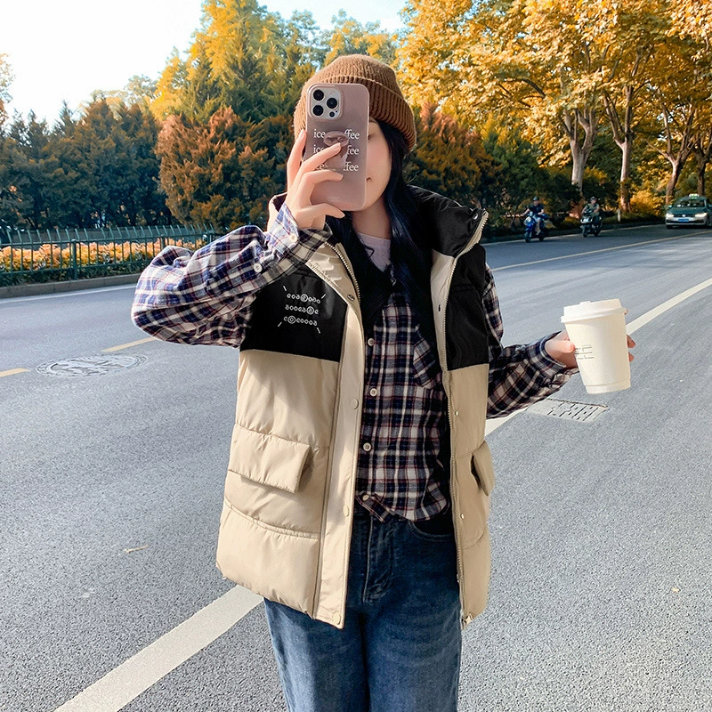 Пуховик из хлопка, женский осенне-зимний новый подбор цветов с принтом букв с капюшоном, толстый теплый жилет, модный жилет контрастного цвета