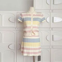 女の子パッチワークスーツ 2025 新しい韓国子供ストライプニット半袖夏スタイルスカート 2 点セット