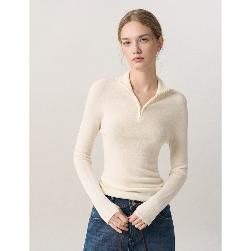 Wool Yangzi seamless half turtleneck zip-up sweater, slim-fit V-neck long-sleeve top, slimming wool sweater Wool Yangzi seamless half turtleneck zip-up sweater, slim-fit V-neck long-sleeve top, slimming wool sweater