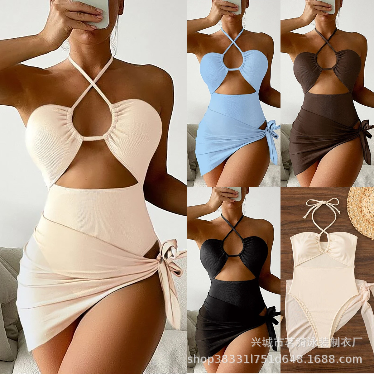 Mingyi nuevo europeo y americano sexy multicolor moda bikini pequeño pozo malla falda de tres piezas traje de baño de las mujeres