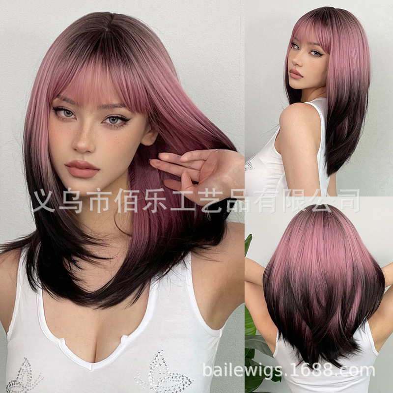 New black and pink neat bangs long straight hair gradient chemical fiber natural wig women's headgear wigs manufacturers spot
