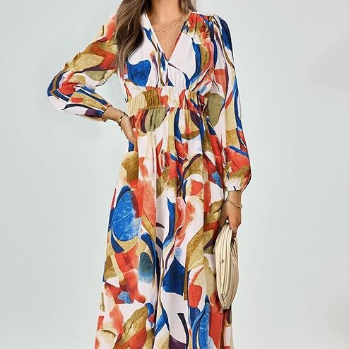 Spring New Bohemian Maxi Dress Casual Long-Sleeved V Neck Printed Beach Long Fresh Dress for Women Spring New Bohemian Maxi Dress Casual Long-Sleeved V Neck Printed Beach Long Fresh Dress for Women