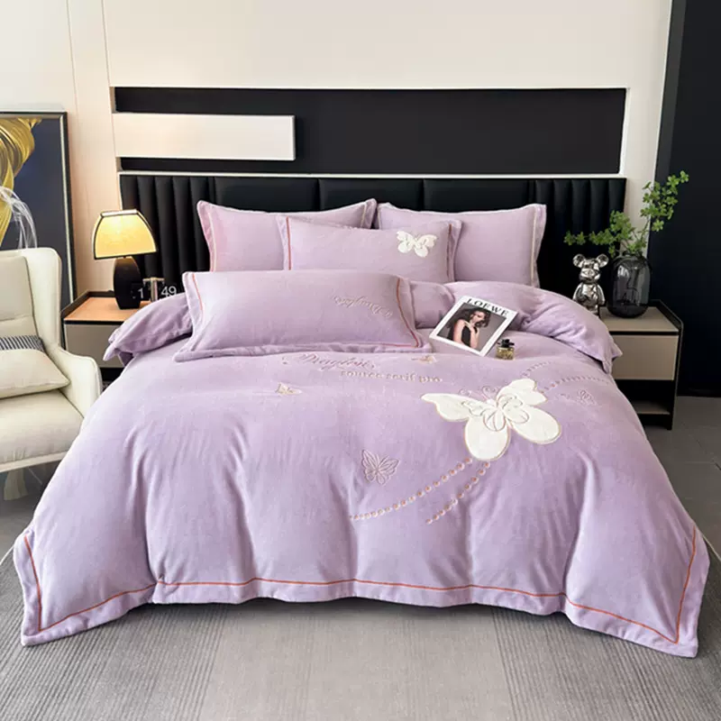 厂家直销牛奶绒四件套加厚保暖高克重时尚简约床单床上用品批发