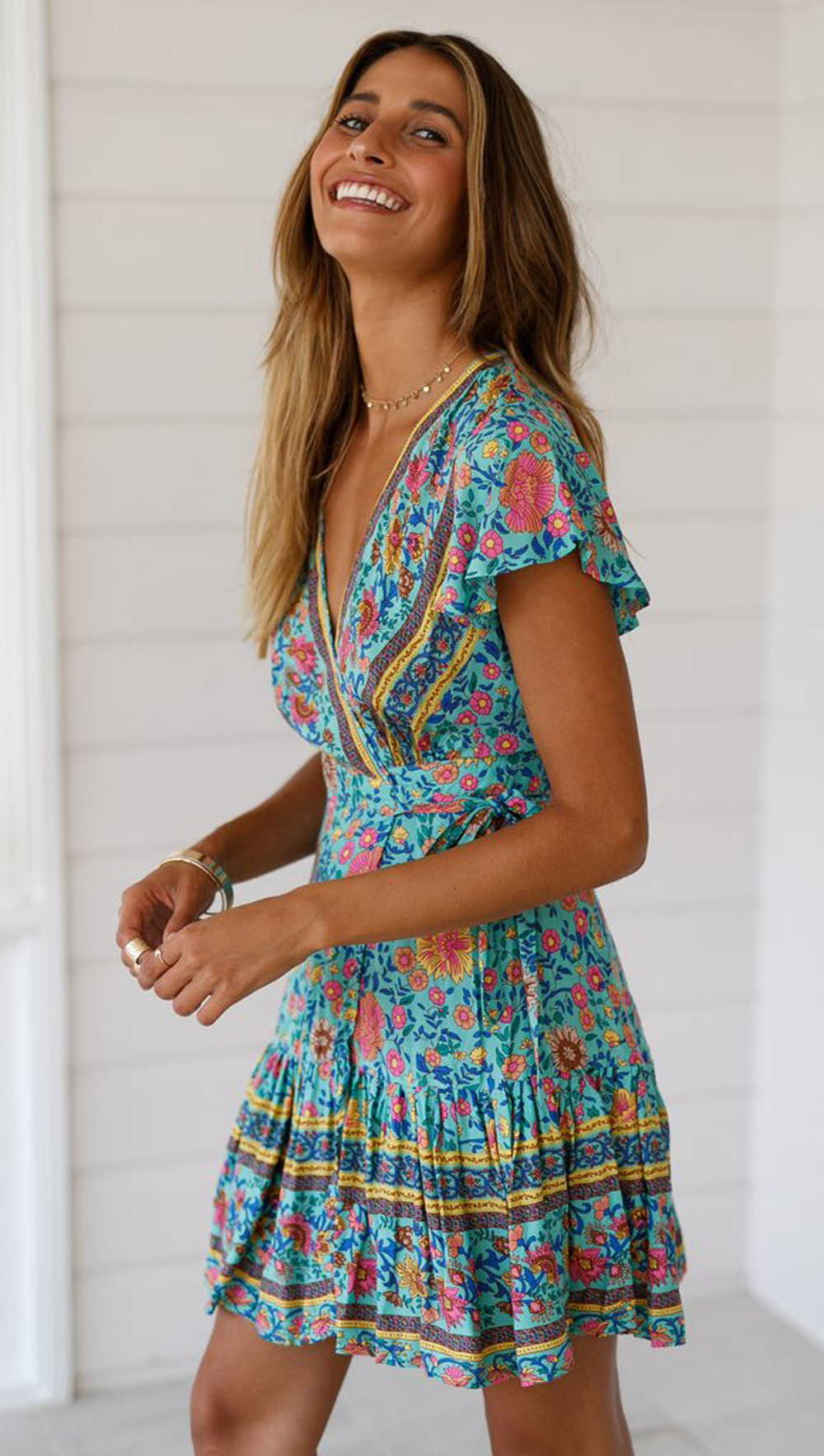 V-neck short-sleeved straps bohemian print dress NSXPF128342