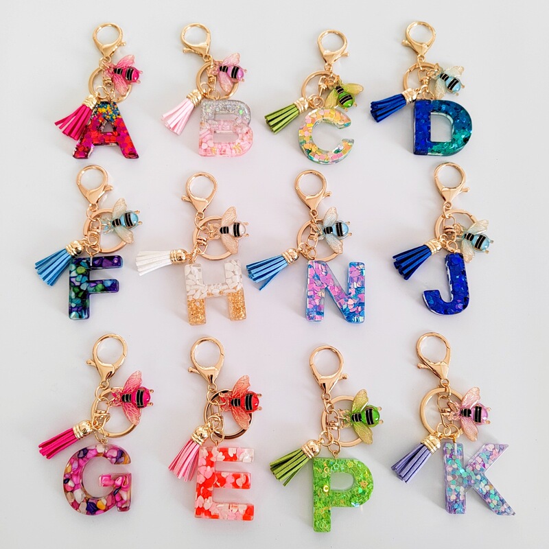 Cross-border hot-selling glitter 26 initial tassel key chain pendant drop glue resin pendant European and American personalized key chain Cross-border hot-selling glitter 26 initial tassel key chain pendant drop glue resin pendant European and American personalized key chain