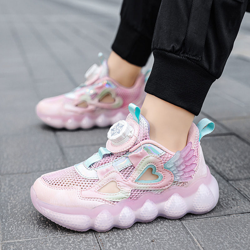 Children's sports shoes Girls' shoes 2023 spring rotation buckle girls hollowed out running shoes Breathable double mesh shoes_voghion.com