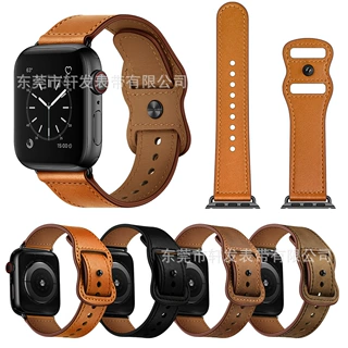 适用苹果手表apple i watch12345678SE真牛皮双洞款苹果手表表带