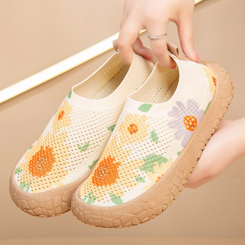Giày lười nữ thân lưới dệt thoáng khí họa tiết hoa vẽ màu, đế mềm gót thấp 1–3 cm — DK550 - Graffiti [Hộp], DK550 - Màu Bohemian [Hộp], DK550-Hoa [Đóng hộp]