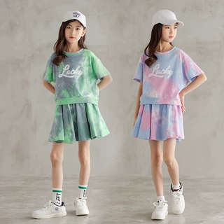代发棉女童迷彩短袖套装2026扎染印字母裙裤两件套韩版童装小童