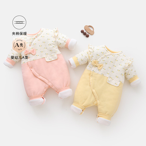 Newborn Baby Bodysuit with Pockets, Cartoon Design, Zipper, Thicker Cotton for Autumn and Winter Outings