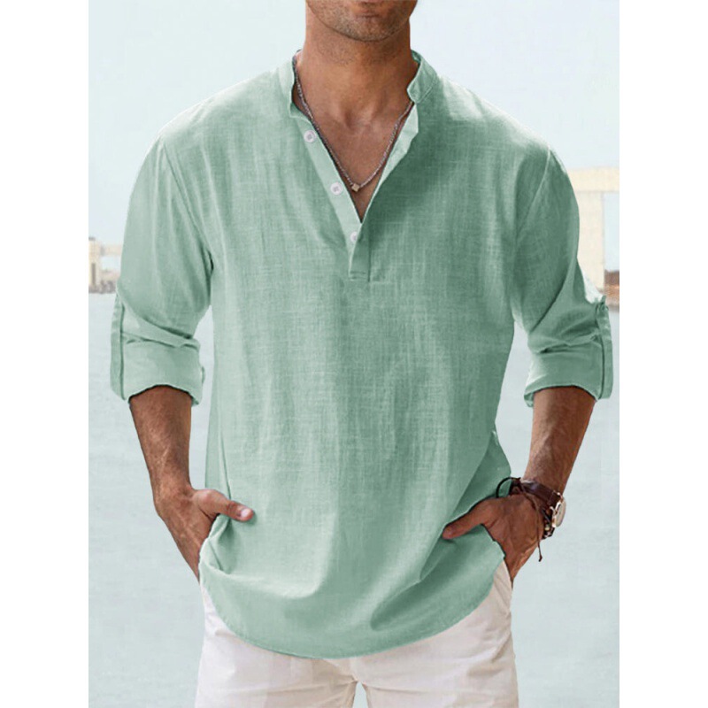2023 Cross-border Foreign Trade Men's Linen Stand Collar Long-sleeved T-shirt Loose Undershirt Solid Color Long-sleeved Cotton and Linen Shirt for Men 2023 Cross-border Foreign Trade Men's Linen Stand Collar Long-sleeved T-shirt Loose Undershirt Solid Color Long-sleeved Cotton and Linen Shirt for Men