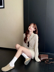 慵懒风宽松纯色翻领长袖T恤女早秋显瘦套装休闲裤阔腿短裤两件套