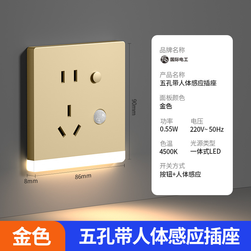 国际电工86型智能人体感应地脚灯带五孔插座嵌入式楼梯间过道夜灯|undefined