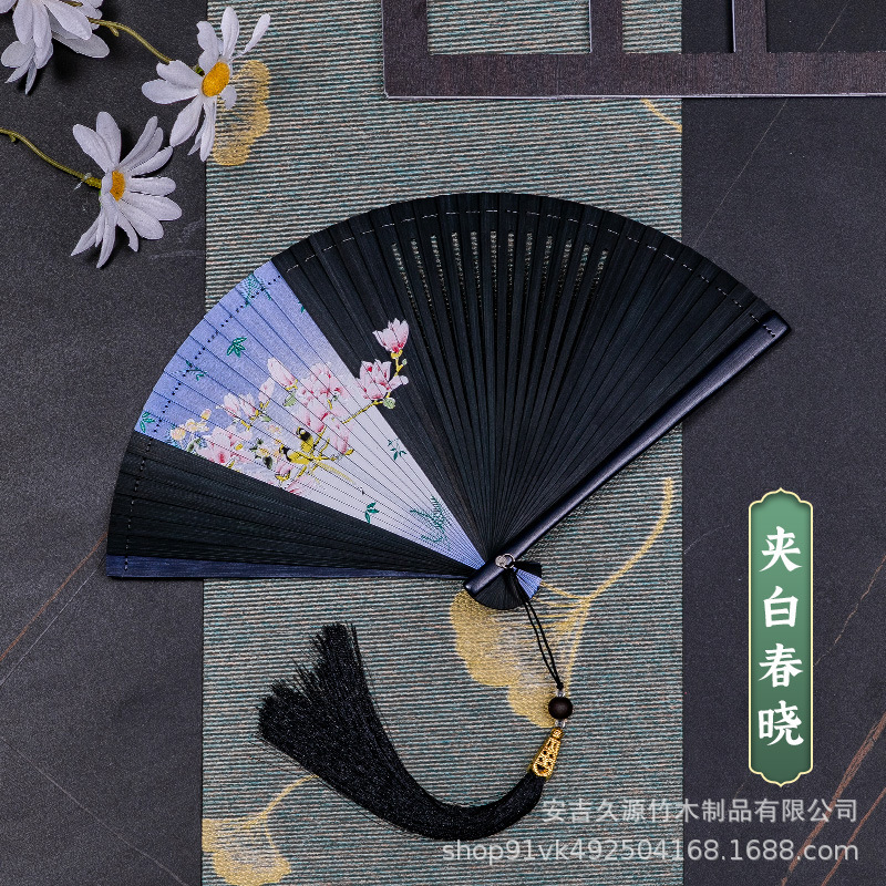 中国風全竹古典扇子女性日本式古風古典黒折扇竹扇漢服舞踏扇持ち歩きやすい|undefined