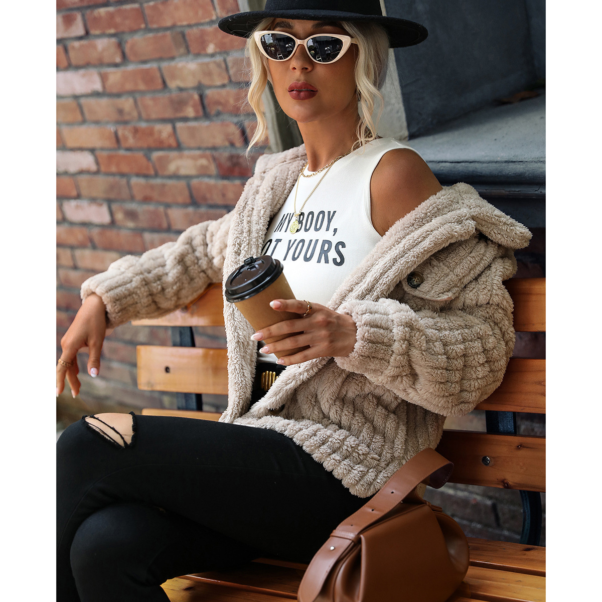 Flash Fleece Cross-border European and American style women's double-sided fleece long-sleeved lapel button-down solid color mid-length plush coat