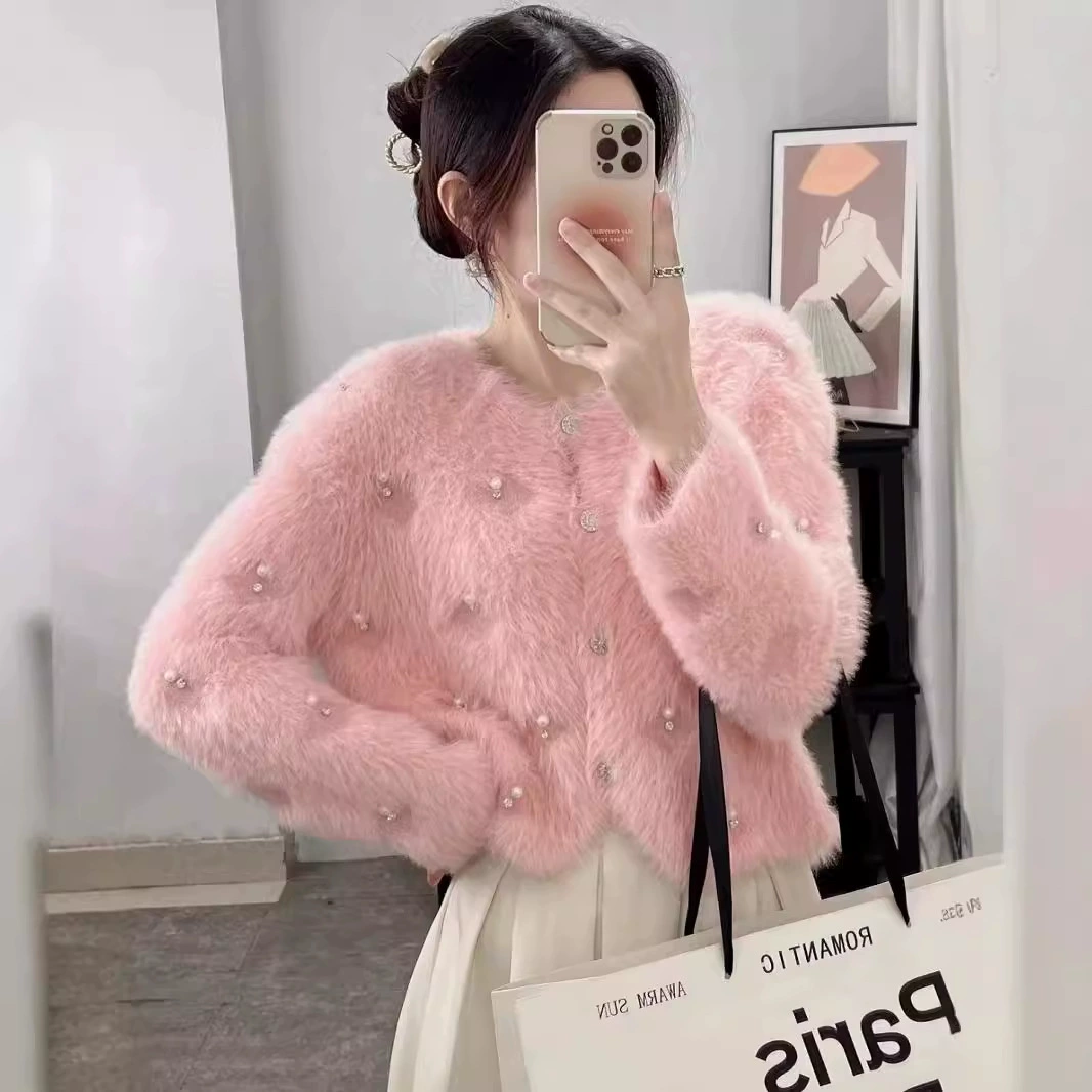 Новая осенне-зимняя женская трикотажная одежда с бисером, короткий кардиган в стиле миниатюрного аромата, имитация норки, с бриллиантами, для трансграничной торговли