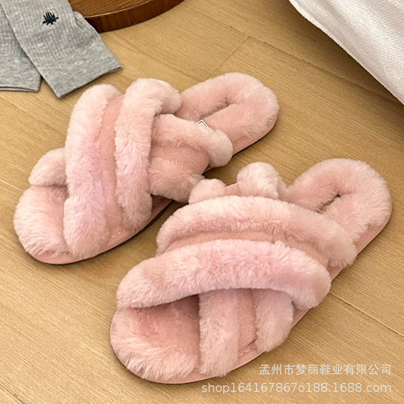 毛毛托皮毛一体居家棉拖一脚蹬交叉拖室内拖鞋|undefined