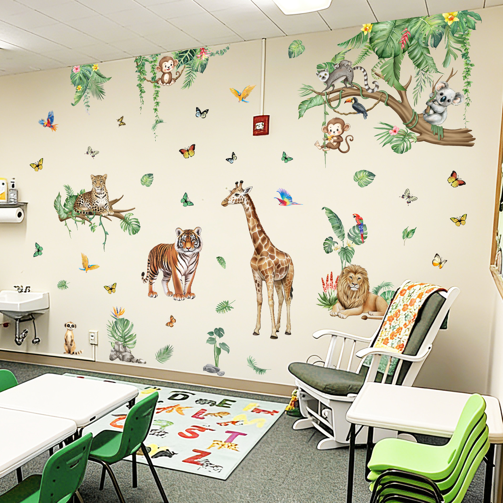 Cartoon Tree Branch Wall Sticker With Animals Birds And Butterflies_voghion.com