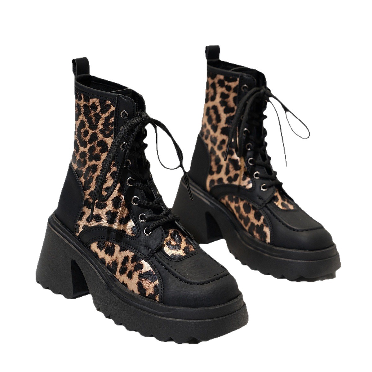 Leopard Print Short Boots For Women Autumn Lace Up Thick Sole Large Size Fashion New_vogvips.com