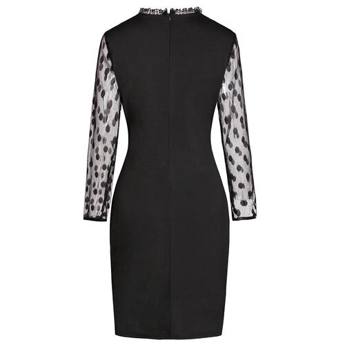 European and American New Arrival Polka-Dot Mesh Spliced Stretchy Waist-Slimming Hip-Hugging Long-Sleeved Lace Dress