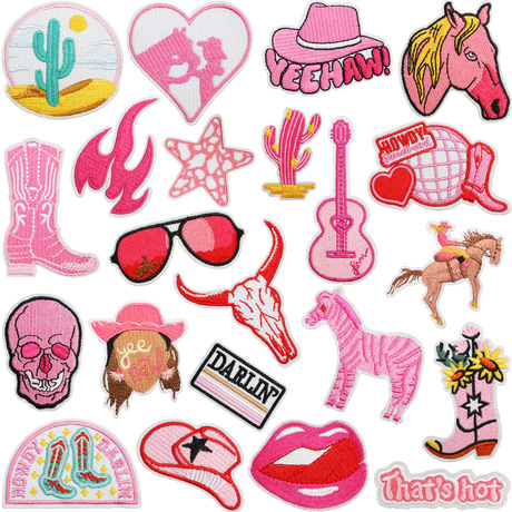 Cowboy Hat Patches Red Flame Embroidered Cloth Sticker Pink Women's Western Deni