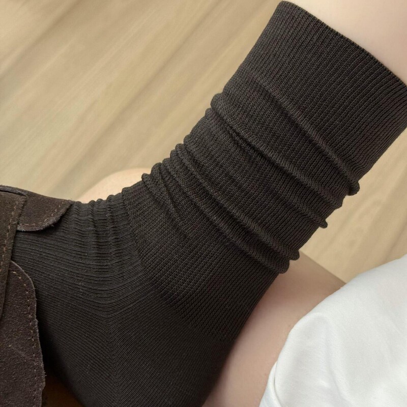 Women's Melard Coffee Color Socks, Slouch Socks for Spring and Autumn, Ribbed Long Tube Socks, Suitable for Birkenstock Shoes, Seamless Pure Cotton Mid-Calf Socks