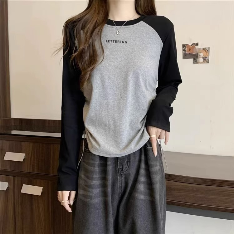 2024秋の新しい色の肩の長袖のtシャツの女性の紐を引くデザイン感の丸首の百合の底のシャツの上着のファッション|undefined