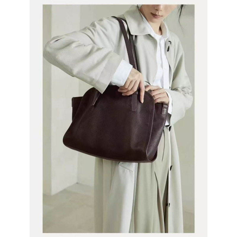 Vegetable-Tanned Cowhide Leather Bowling Bag Retro Large Capacity Commuter Laptop Bag Women's Shoulder Crossbody Bag - Thumbnail 4