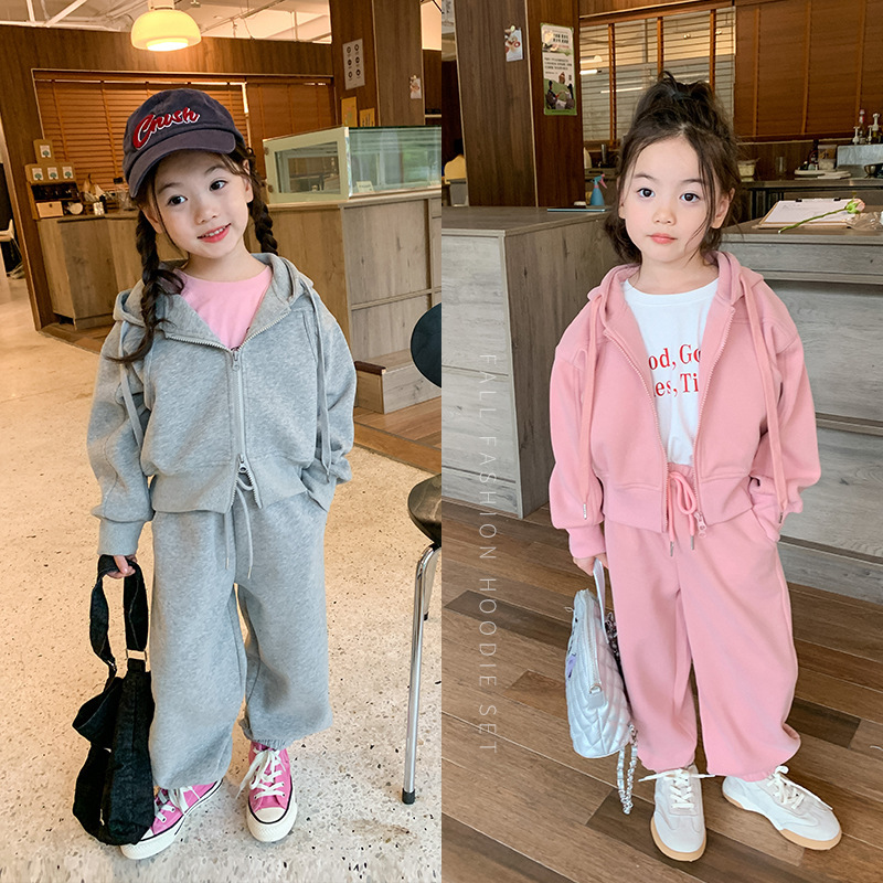 Emo Beibei Children's Sweatshirt suit Girl's Korean-style Casual Hooded Jacket Sweatshirt Solid Color Two-piece Set