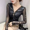 Mesh patchwork leather sleeves patchwork lace long sleeved undershirt for women