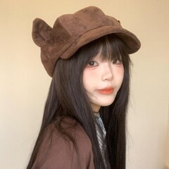 韩版简约小熊耳朵八角帽子女宽檐显脸小秋冬季新款甜酷时尚画家帽