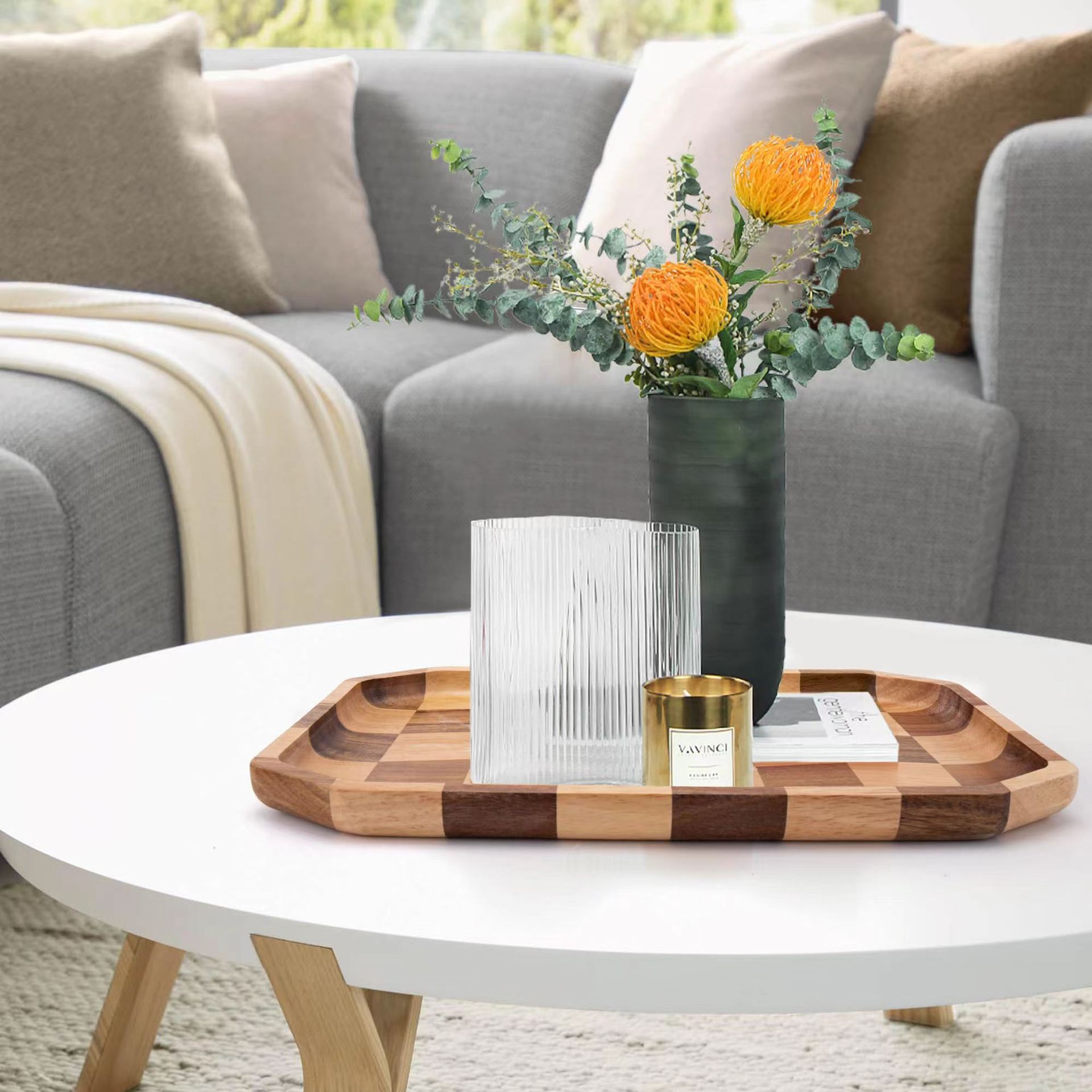 Bandeja de tablero de ajedrez de madera Mesa de la sala de estar Aperitivos Bandeja de almacenamiento de frutas Bandeja de desayuno de hotel Bandeja de té de madera maciza