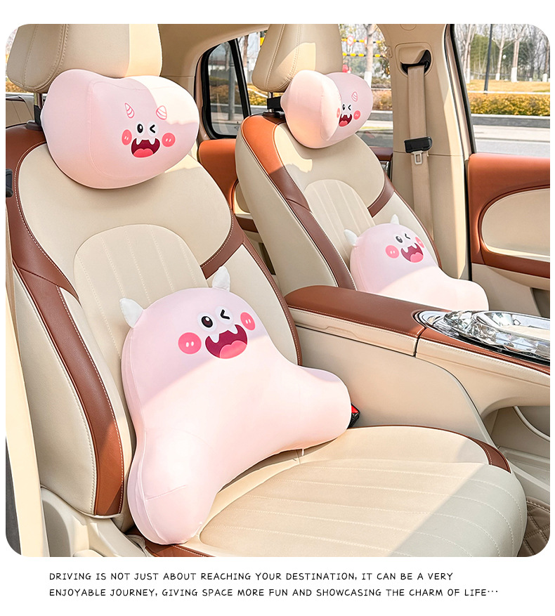 Cartoon Memory Foam Car Headrest and Lumbar Support, Cute Monster Car Seat Cushion, Ice Silk Breathable Car Pillow