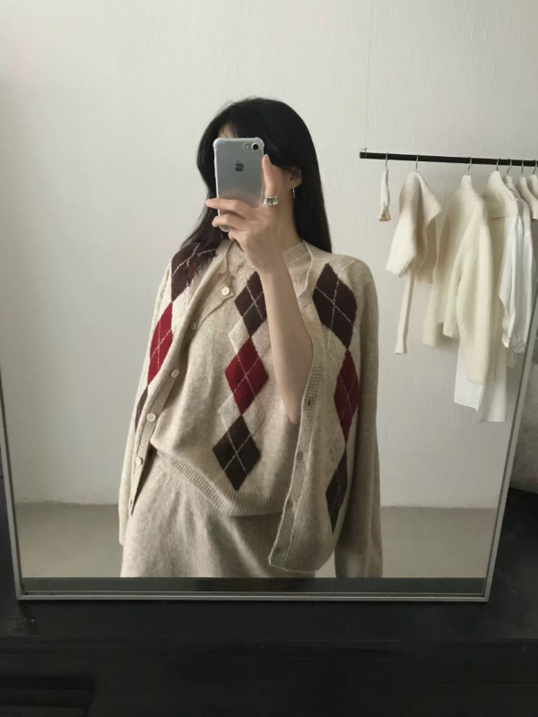 韩版菱格针织开衫半身裙三件套套装女秋冬宽松毛衣外套整套穿搭潮|undefined