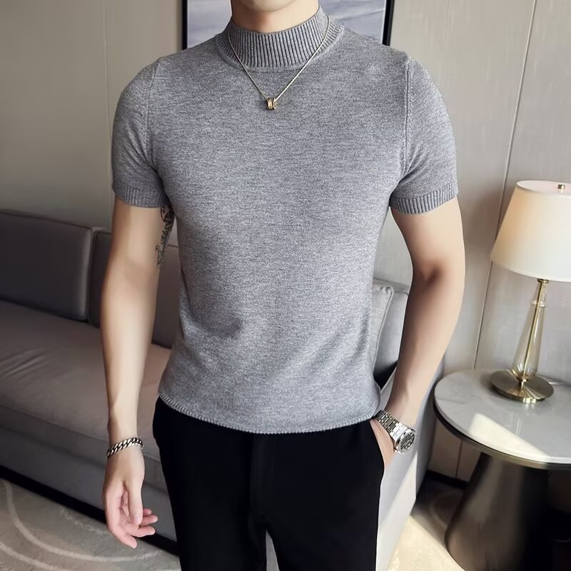 Autumn and Winter Men's Knitted Shirt Short-sleeved Half-turtleneck Slim-fit Inner Sweater Men's Half-sleeved Base Shirt Solid Color Warm Top