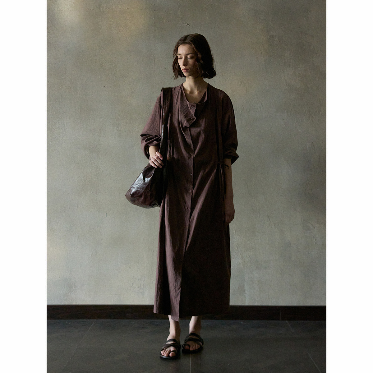 [Try a Few] Tencel Soft Drawstring Waist Dress Simple Work Clothing New Swing Collar Two-Wear Jacket M7358