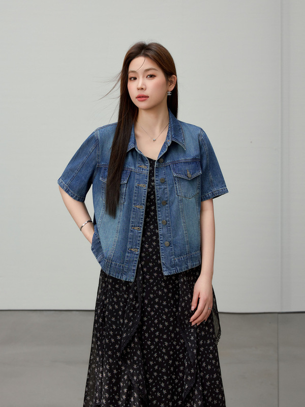 [ブルーオーシャンアイランド] レトロ香港スタイルデニムジャケットスリムプラスサイズ女性服ファットmm2025夏の新スタイル|undefined