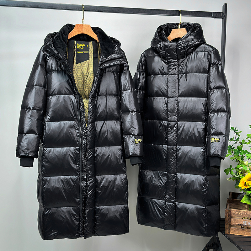 Winter New Fashion Korean Style Black Gold down Jacket Long Over-The-Knee Thickened Windproof Coat for Men and Women Trendy Hooded