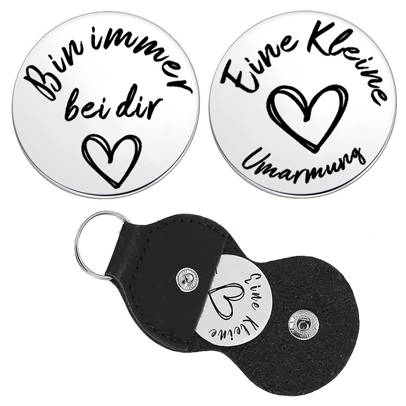Cross-Border Hot German Inspirational Hug Lucky Charm Stainless Steel Decision Coin Token Pu Leather Keychain Wholesale