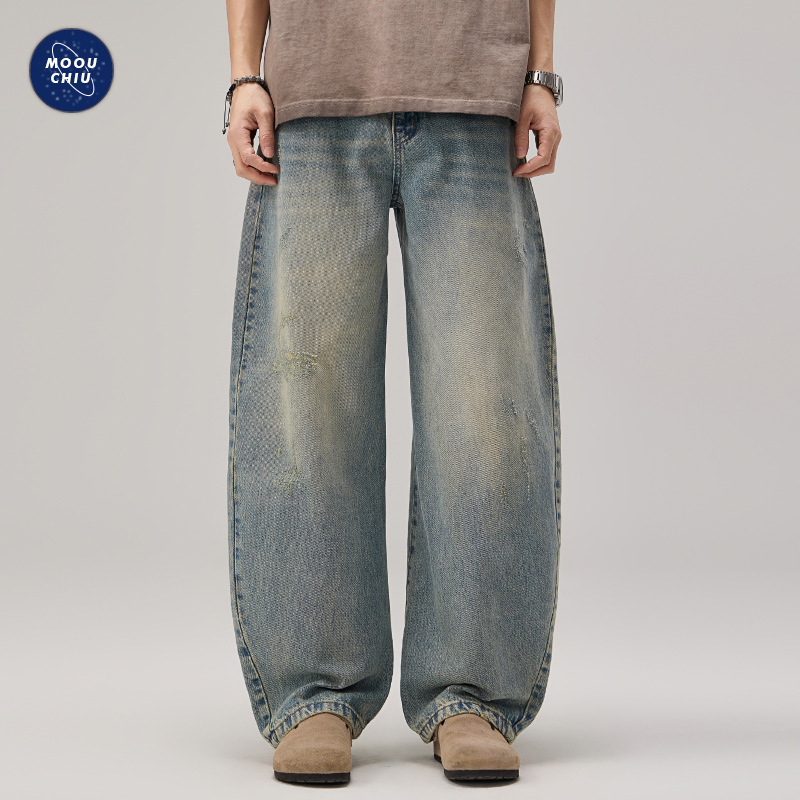 Muqiu Men's Wear ∠ American Vintage Old Washed Scimitar Pants Men's Loose Wide Leg Cocoon Sickle Denim Pants Muqiu Men's Wear ∠ American Vintage Old Washed Scimitar Pants Men's Loose Wide Leg Cocoon Sickle Denim Pants