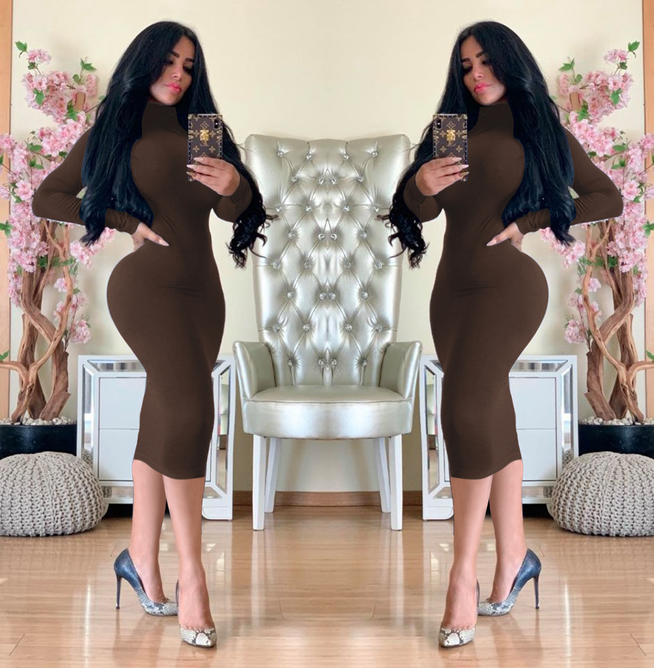 Women's Pencil Skirt Casual High Neck Patchwork Long Sleeve Solid Color Midi Dress Daily display picture 5
