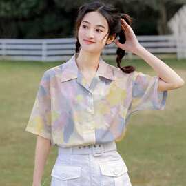 设计感小众扎染西装领短袖衬衫女宽松港味复古chic防晒气质上衣夏