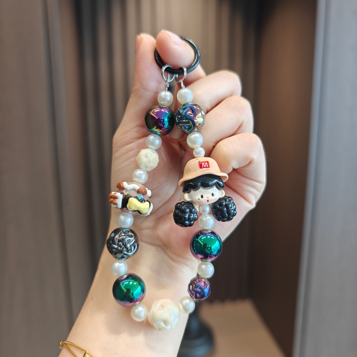 Nuevo colgante de cadena de teléfonos móviles de dibujos animados palomitas de maíz colgante de llavero creativo colgante de bolsas de perlas pintadas a mano