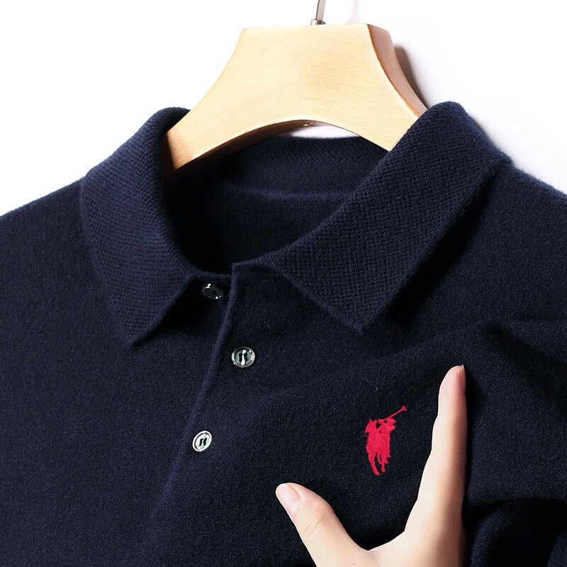 Paul Men's 100% Wool Sweater, Solid Color, Collared, Thick Knit Base Layer, Autumn/Winter Cashmere Sweater
