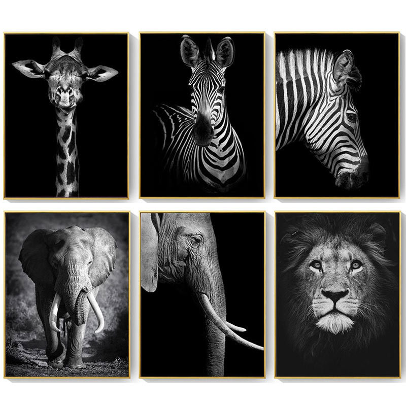 外贸销黑白帆布画动物墙壁艺术狮子大象鹿斑马海报墙壁图片装饰画