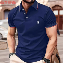 扣子新款时尚跨境欧美男装翻领时尚修身拼色男士恤衫