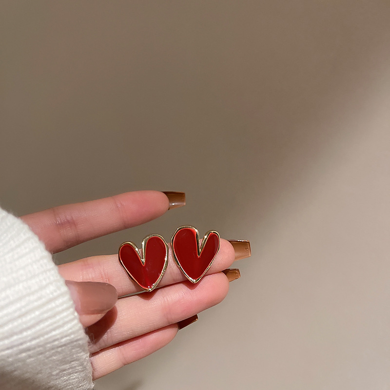 Silver needle red love earrings