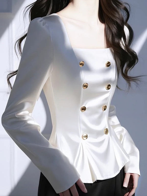 白色缎面衬衫高级感轻奢超好看独特漂亮气质方领长袖上衣女2025秋|undefined
