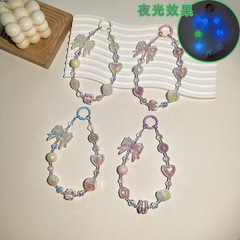 韓國版電鍍UV鍍彩夜光手機鏈蝴蝶結手繪珠diy串珠飾品鑰匙扣掛件